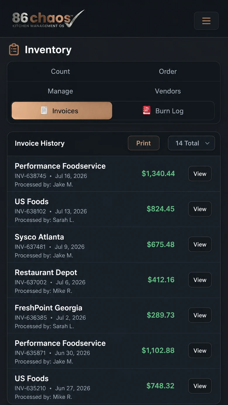 86 Chaos invoice screen