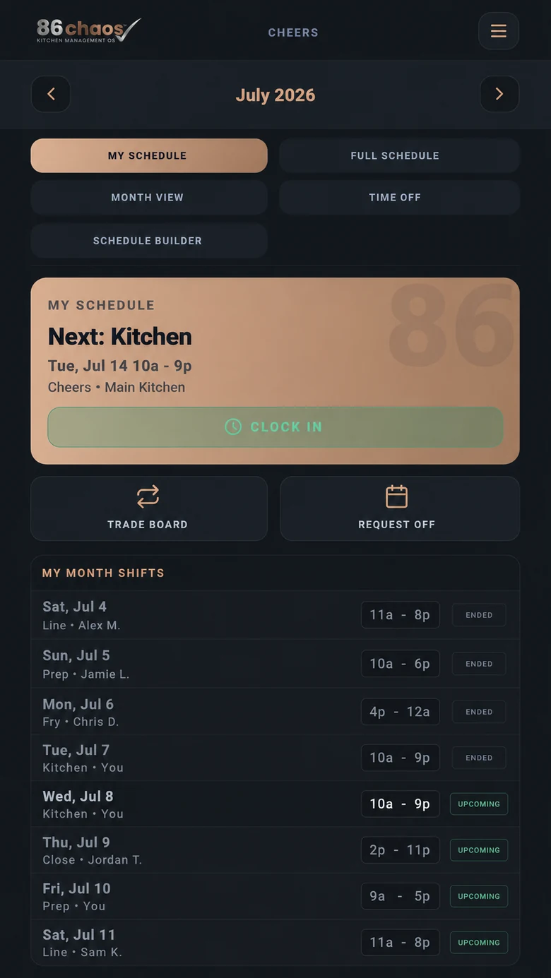 86 Chaos schedule screen